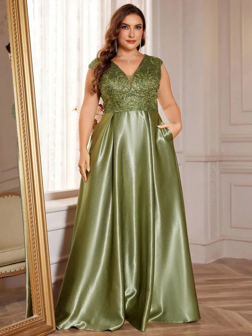 Lucyinlove Plus Size Luxury Gold Satin V-Neck Evening Dress Women