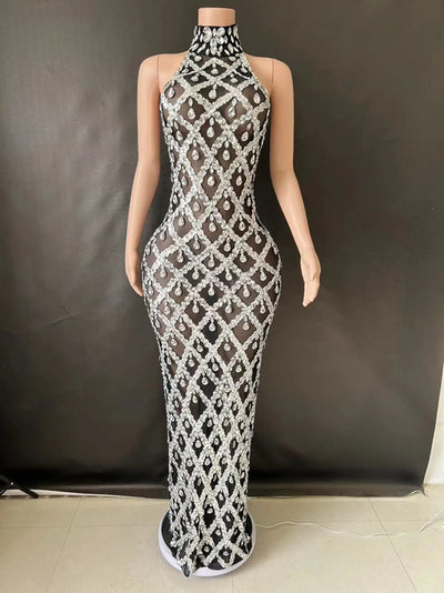 Women Sexy Stage Shining Rhinestone Sequins Dress Evening Prom