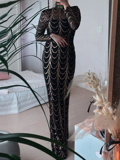 Missord Wave Sequin Party Dresses Elegant Women High Neck Long Sleeves