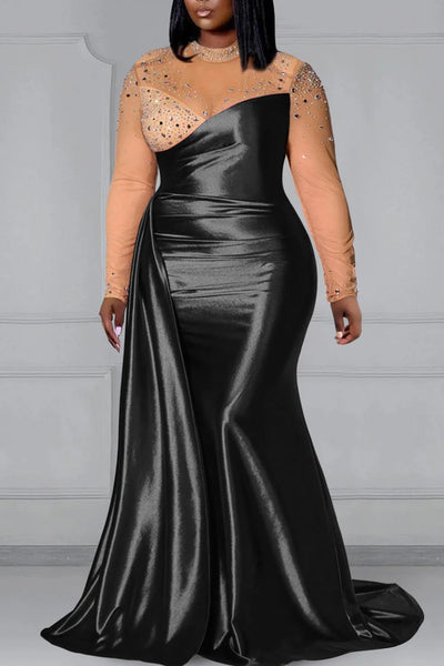 Plus Size Evening Gowns Mock Neck Long Sleeve Drilling Mermaid Satin