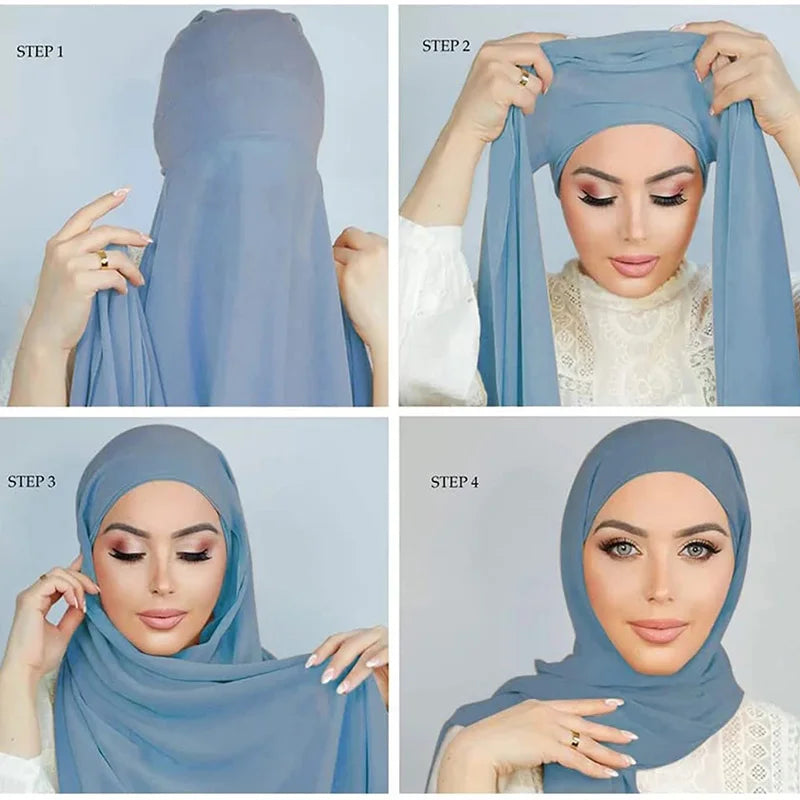 Instant Underscarf Plain Chiffon Hijab With Inner Jersey Moadal Caps