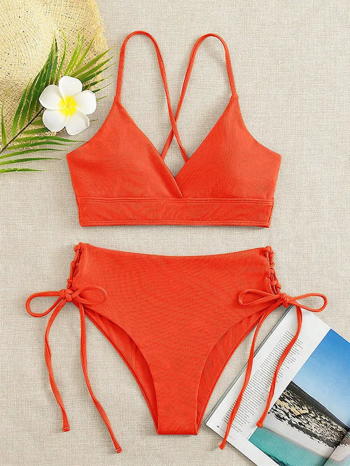 Cikini-V-Neck Split Bikini Set for Women, Sexy Swimsuit, Lace Up,