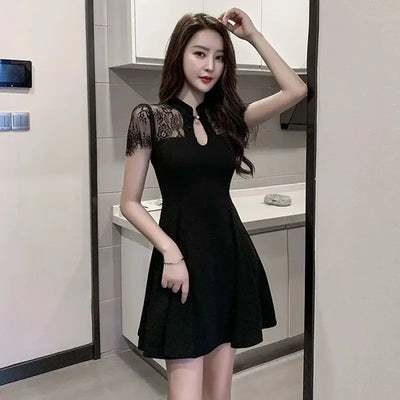Women's Summer Lace Dress Tulle Cheongsam Dresses for Women 2023 Black