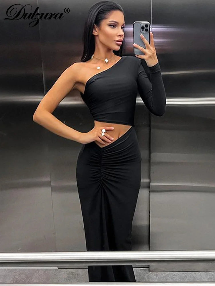 Dulzura Long Sleeve One Shoulder Maxi Dress Cut Out Ruched Slit