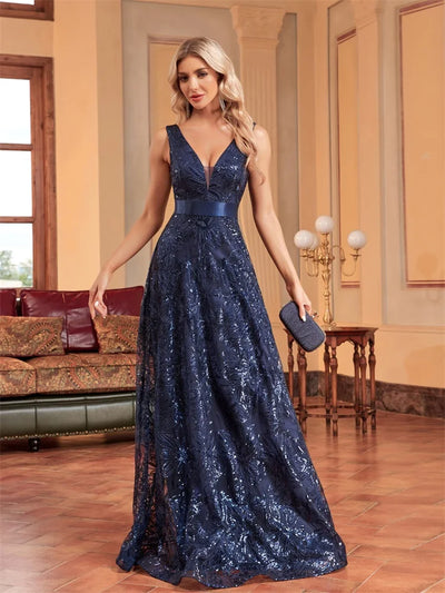 Lucyinlove Luxury Sexy Deep V-Neck Sequins Blue Evening Dresses Women