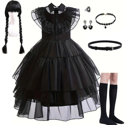 Weirdo Family Gothic Black Ball Gown for Girls Ruffled Prom Dress