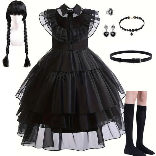 Weirdo Family Gothic Black Ball Gown for Girls Ruffled Prom Dress