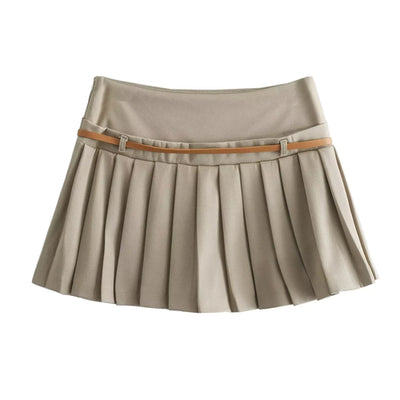Women's Vintage Wide Pleated Short Skirt with Belt