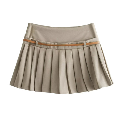 Women's Vintage Wide Pleated Short Skirt with Belt