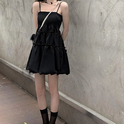 Fashion All-Match Fluffy Dress Women Korean Waist-Tight Spaghetti