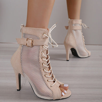 Sandals Lace Mesh Open Toe | Beige Lace Heels Sandal | Heels Mesh