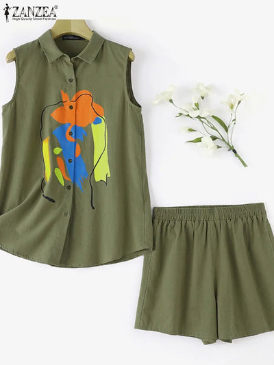Elegant OL Work Short Sets ZANZEA 2pcs Women Outfits Summer Sleeveless