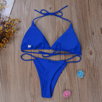 Women Sexy Hanging Neck Thong Bikini Set Side Tie Swimsuit Bandage
