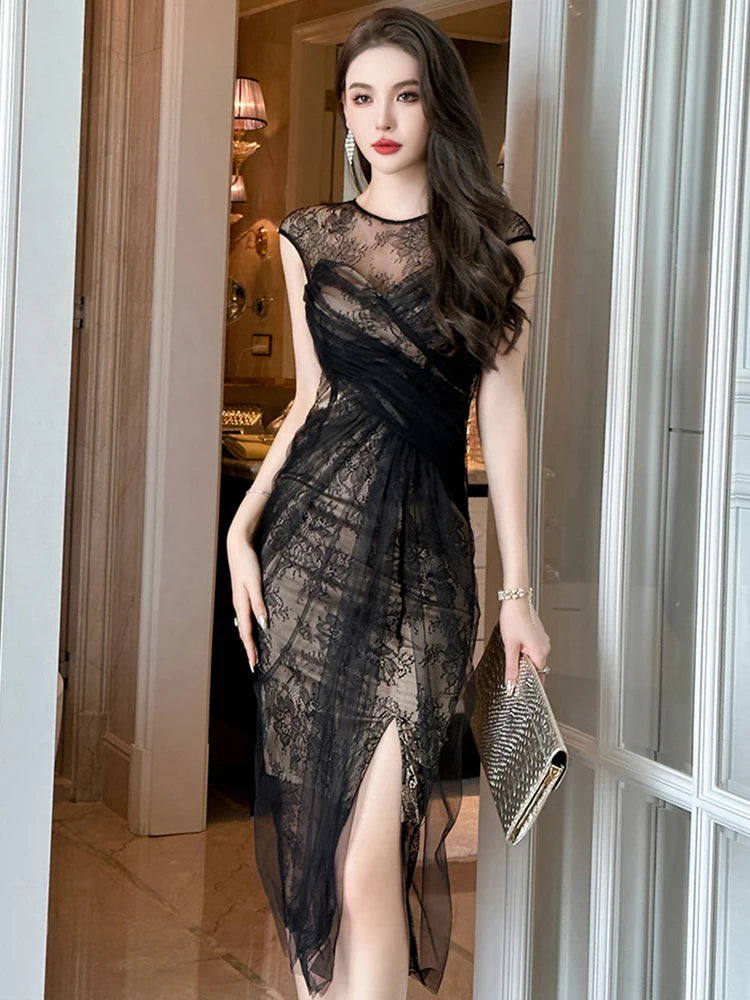 New Women Fashion French Retro Maxi Dress Woman Sheer Mesh Lace