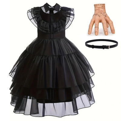 Weirdo Family Gothic Black Ball Gown for Girls Ruffled Prom Dress