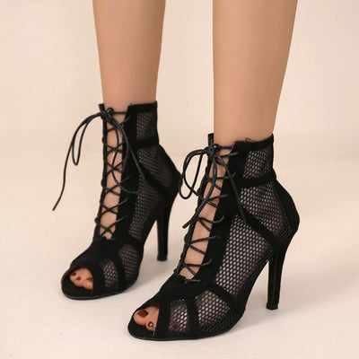 Sexy High Heels Hollow Mesh Sandals Women Summer Cross-tied Peep Toe