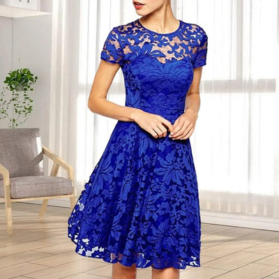 Elegant Women Summer Dress O Neck Transparent Lace Hollow Lady Mini