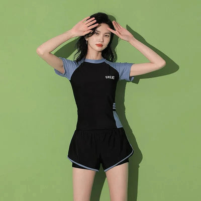 Fashion Women's Swimming Suit Ladies Patchwork Short Sleeve Swimwear