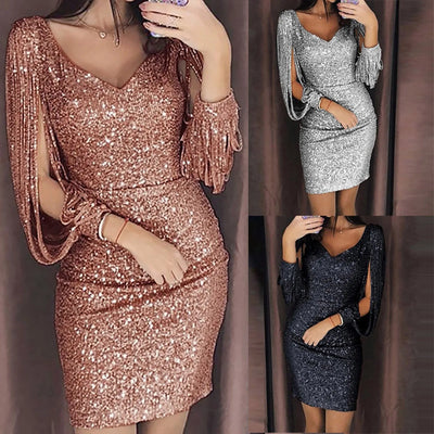 Sexy Sequin Tassel Long Sleeve Dress For Women V-neck Slim Hip Mini