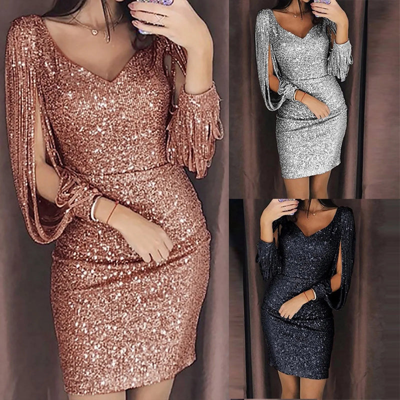 Sexy Sequin Tassel Long Sleeve Dress For Women V-neck Slim Hip Mini