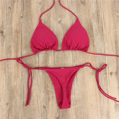Women Sexy Hanging Neck Thong Bikini Set Side Tie Swimsuit Bandage