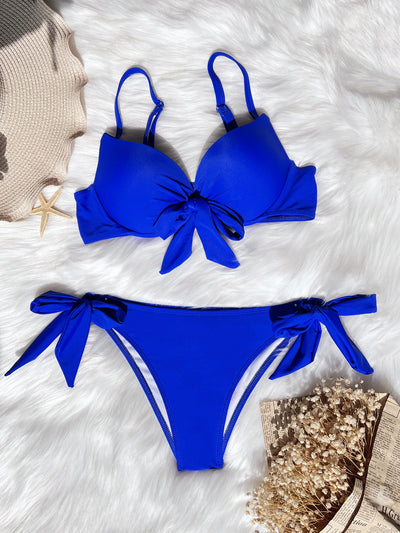 sexy front bow knot push up bikinis two pieces solid swimsuit tie