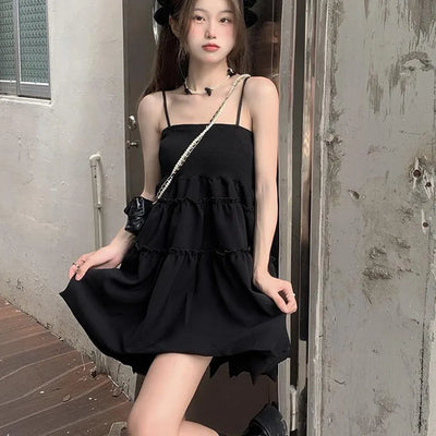 Fashion All-Match Fluffy Dress Women Korean Waist-Tight Spaghetti