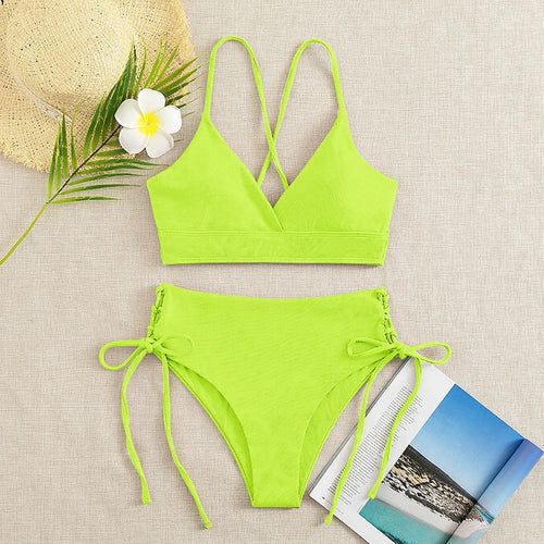 Cikini-V-Neck Split Bikini Set for Women, Sexy Swimsuit, Lace Up,