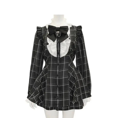 Japanese Style Gothic Y2k Lolita Plaid Rhinestone Bow Dress Shorts Set