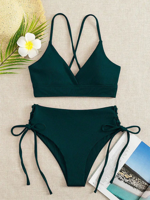 Cikini-V-Neck Split Bikini Set for Women, Sexy Swimsuit, Lace Up,