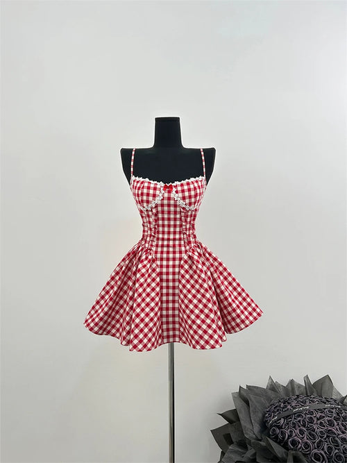 Summer French Prom Gown Ballet Core Mini Plaid Dress Women Gyaru