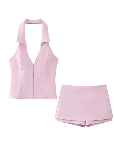 Fashion pink shorts set for women sexy V neck sleeveless tops female