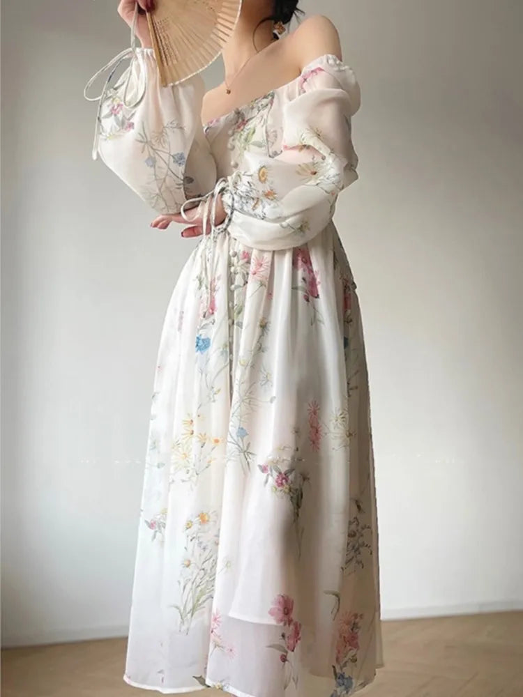 French Vinatge Evening Party Long Dresses for Women Floral A-line