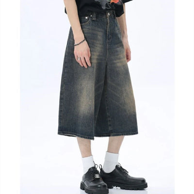 Women's Retro Large Size Denim Shorts Unisex Style Wide Leg Capris