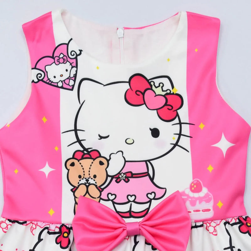 Hello Kitty Cartoon Printed Net Yarn Short-Sleeved Pleated Dress for