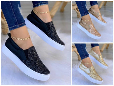 Moccasins Glitter Flat Female Loafers Shoes Black/Rose Gold/Black/Gold