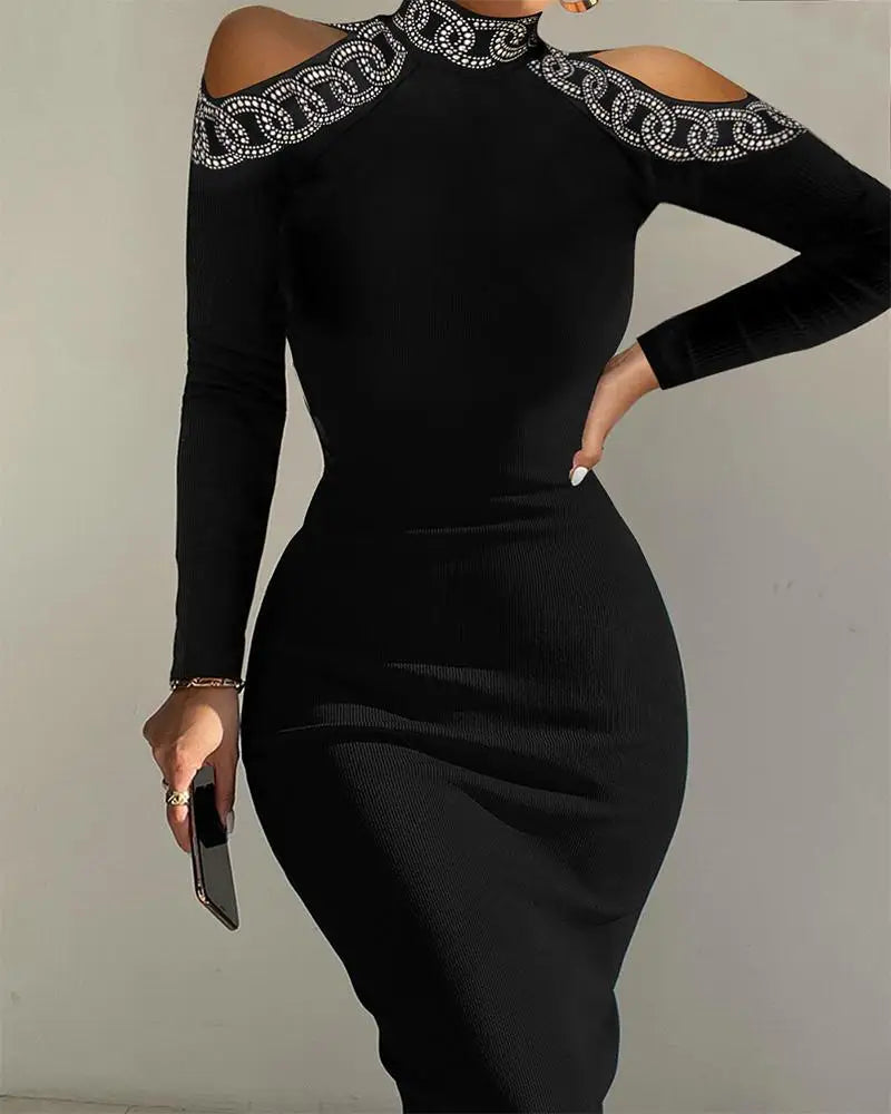 Rhinestone Contrast Mesh Long Sleeve Glitter Bodycon Dress Women