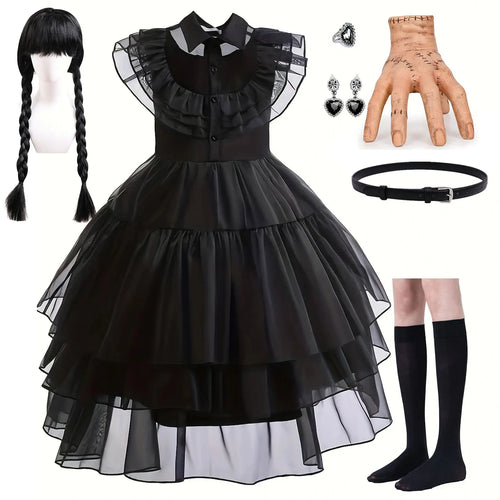 Weirdo Family Gothic Black Ball Gown for Girls Ruffled Prom Dress