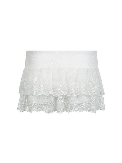 Black Solid Low Waist Tiered Lace Shorts Skirts Womens White Fairycore