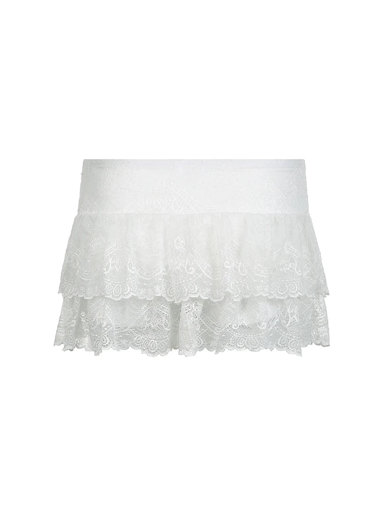 Black Solid Low Waist Tiered Lace Shorts Skirts Womens White Fairycore