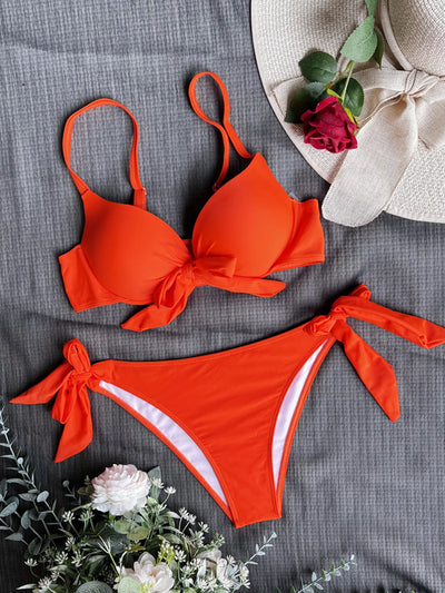 sexy front bow knot push up bikinis two pieces solid swimsuit tie