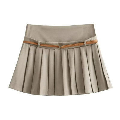 Women's Vintage Wide Pleated Short Skirt with Belt