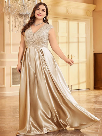 Lucyinlove Plus Size Luxury Gold Satin V-Neck Evening Dress Women