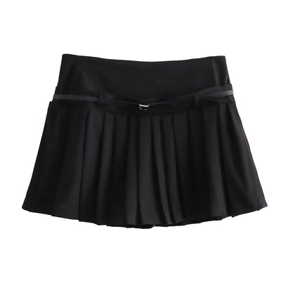 Women's Vintage Wide Pleated Short Skirt with Belt