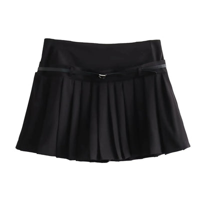 Women's Vintage Wide Pleated Short Skirt with Belt