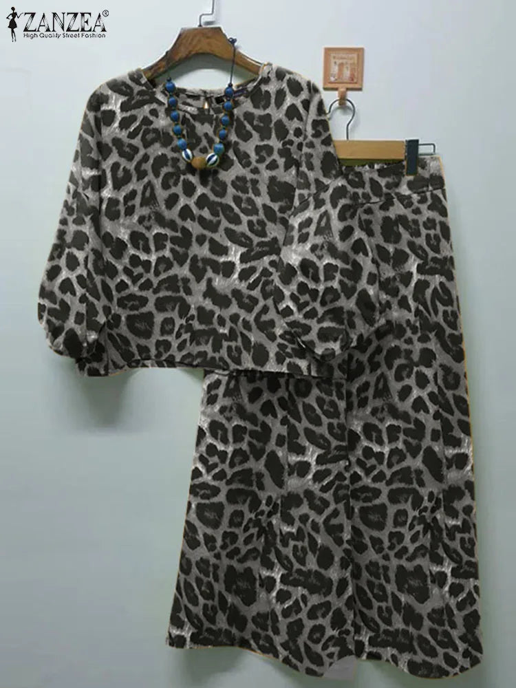 ZANZEA Spring Casual Leopard Printed Suit 3/4 Sleeve O-Neck Blouse