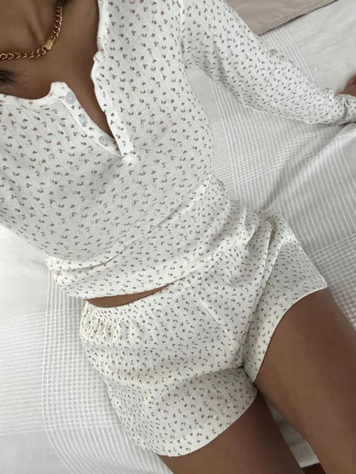 Eyelet Buttons White Long Sleeve T-shirt Shorts Set Woman Slim