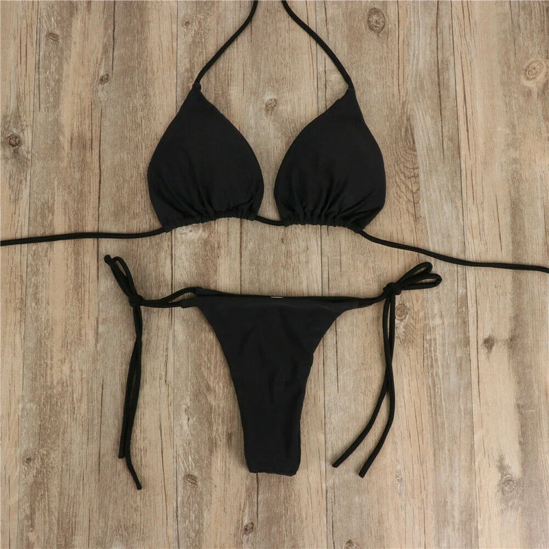 Women Sexy Hanging Neck Thong Bikini Set Side Tie Swimsuit Bandage