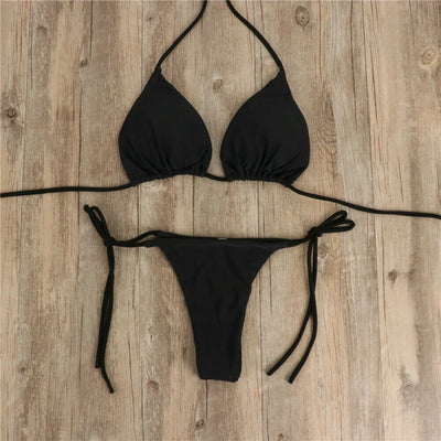 Women Sexy Hanging Neck Thong Bikini Set Side Tie Swimsuit Bandage