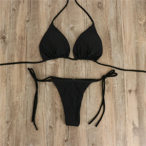 Women Sexy Hanging Neck Thong Bikini Set Side Tie Swimsuit Bandage